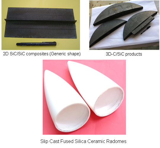 C/SiC and SiC/SiC composite through CVI Process Development of C/SiC and SiC/SiC composite products through CVI Process. These high performance composites find applications in strategic sectors (e.g. Jet vanes, exhaust cones, engine flaps, thermal protection system (TPS) in space craft structures, nose cap, wing leading edge, aircraft brakes, Fusion reactor :Flow Channel Insert, CD nozzle flaps and Exhaust cone and V gutter  for gas turbine engine, nuclear fission reactor: fuel tube). CSIR-NAL has successfully demonstrated the process know-how for the fabrication of SiCf/SiC & Cf/SiC on pilot plant scale. Development of Slip Cast Fused Silica (SCFS) Radome through profile slip casting technique.1
