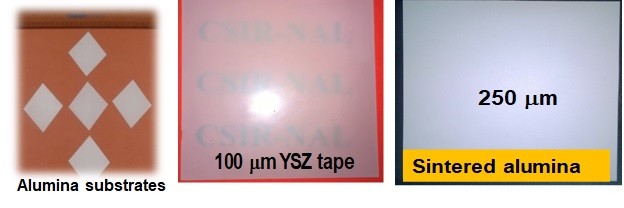 TAPECASTING TECHNOLOGY FOR CERAMIC SUBSTRATES Ceramic substrates are used for a wide range of applications in electronics including thin and thick film microelectronics, high power and high frequency circuit, RF/microwave components and capacitors or resistors. For such applications, the ceramic substrates should possess good mechanical strength and abrasion resistance, high thermal conductivity, excellent electrical insulation and stability in high temperature and corrosive chemical environments. Alumina (Al2O3) and aluminum nitride (AlN) are well known electro-ceramics which are being used as substrates for electronic packages, heat sinks, IC packages, microwave device packages, etc. due to their unique properties. Globally it is predicted that the sales of space electronic substrates will reach USD184 million by 2017 and, in particular Chip Scale Package (CSP)-LED ceramic substrates market is expected to be USD 700 million by 2019. To date, these substrates are being mostly imported in the country and the main method used for the manufacture of ceramic substrates with precisely controlled thickness and consistency is the tape casting technique.             SED has developed 100, 250 and 632 µm thick Al2O3 and 100 and 250 µm YSZ ceramic substrates by tapecasting process. This technology has been transferred to M/s. Carborundum Universal Limited, Hosur on 22nd June 2018. The properties of the developed Al2O3 and YSZ substrates are at par with the imported substrates. SED team has also developed expertise in the fabrication of free standing ceramic substrates with various thicknesses using both aqueous and non-aqueous based slurries and is currently developing AlN substrates for VSSC.1